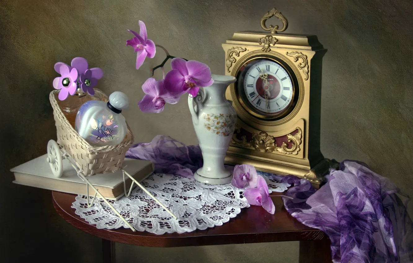 Photo wallpaper flowers, watch, texture, perfume, book, bottle, vase, still life
