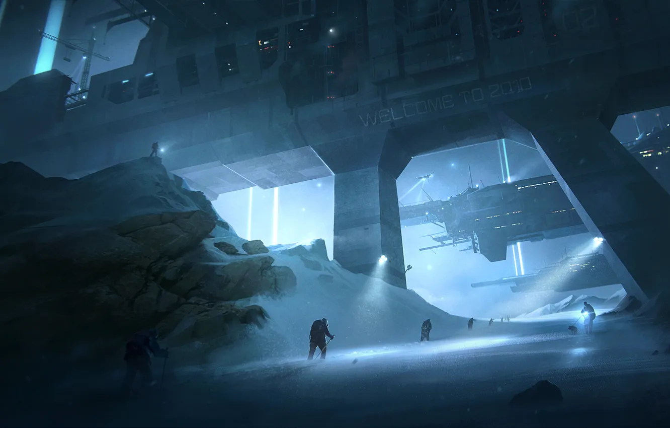 Photo wallpaper winter, night, lights, the inscription, ship, port, Blizzard, welcome to 2010