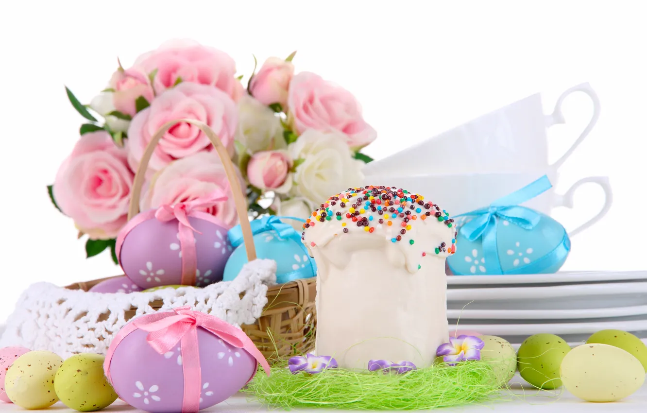 Photo wallpaper flowers, roses, eggs, bouquet, Easter, basket, cake, eggs