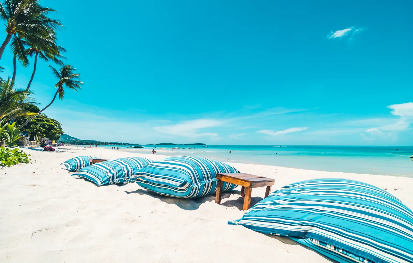 Photo wallpaper sand, sea, beach, summer, the sky, the sun, palm trees, shore