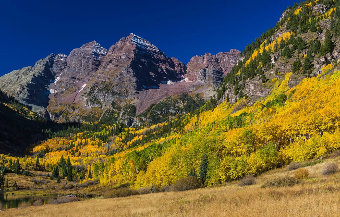 Photo wallpaper autumn, forest, the sun, trees, mountains, river, rocks, valley
