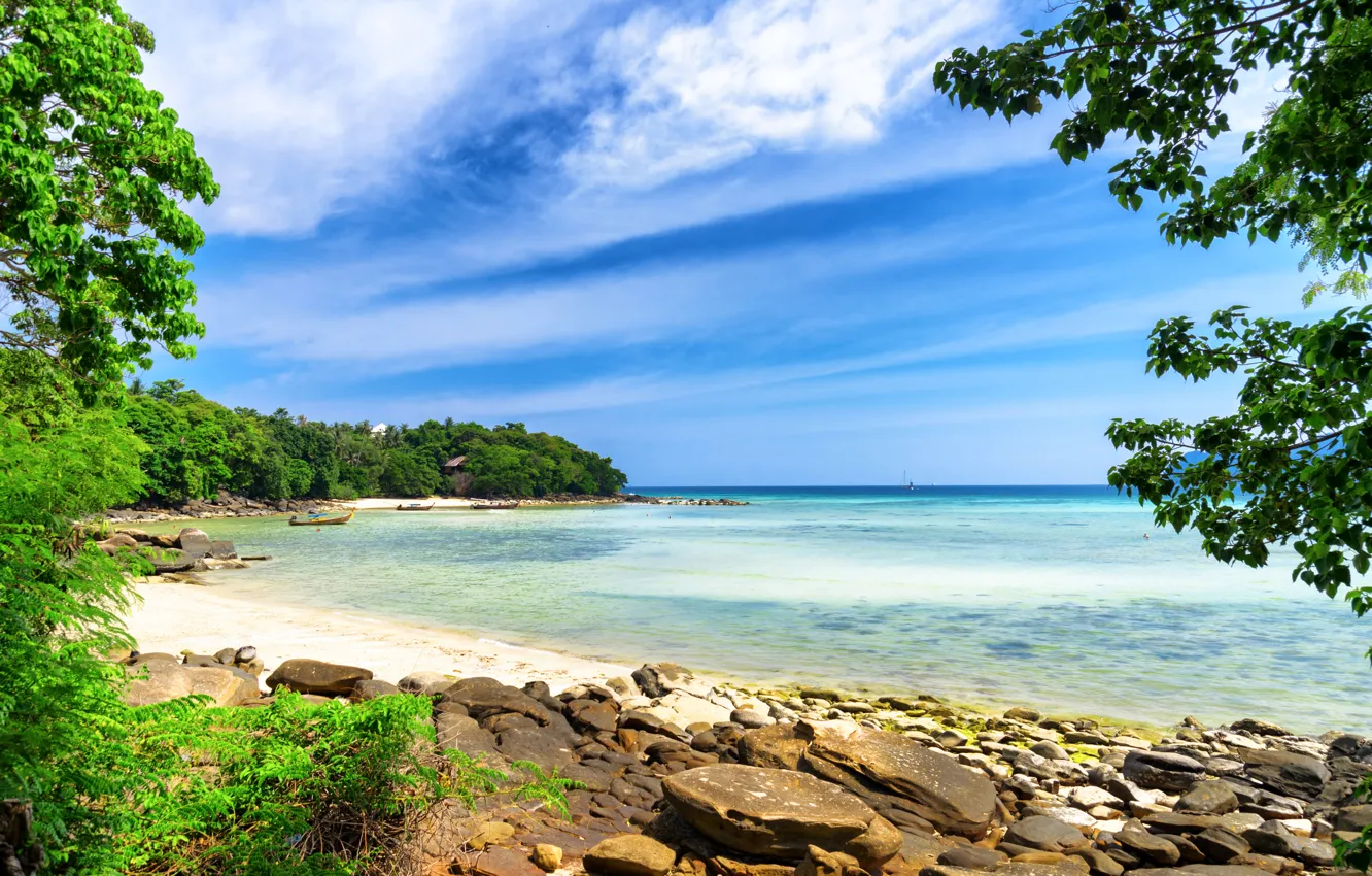 Photo wallpaper sand, sea, the sky, trees, tropics, stones, shore, island
