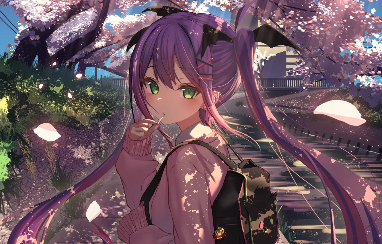 Photo wallpaper girl, Sakura, the demon, Towa Tokoyami, Hololive virtual youtuber, Holo no Graffiti