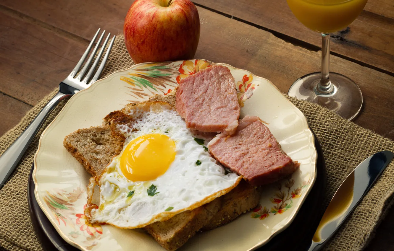 Photo wallpaper glass, egg, Apple, juice, bread, knife, meat, plug