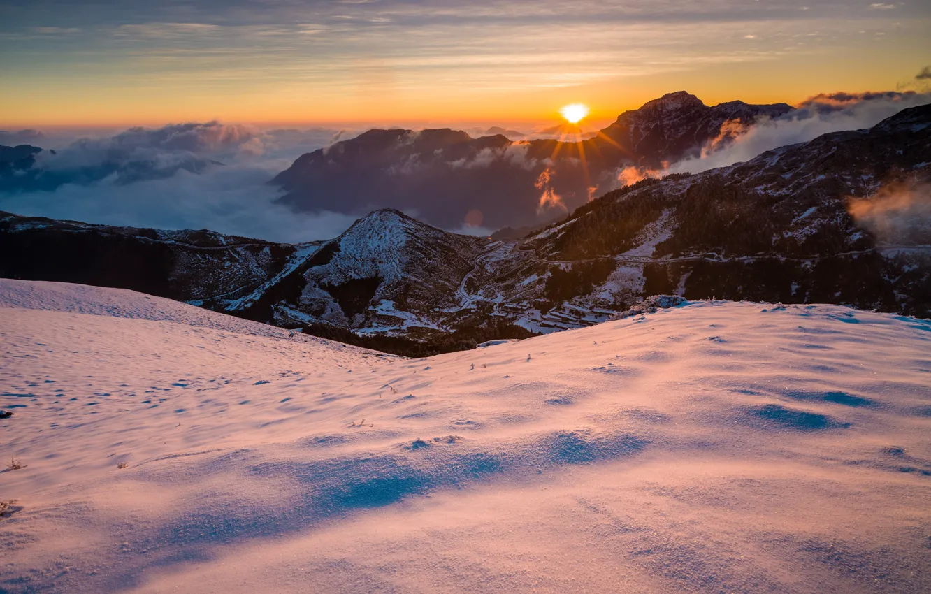 Photo wallpaper winter, the sky, the sun, clouds, rays, snow, landscape, sunset