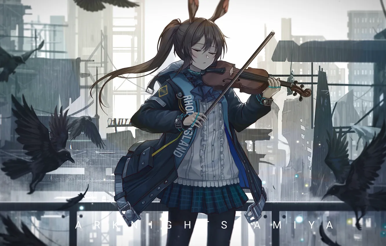 Photo wallpaper girl, bird, violin, crows, Arknights, Amiya
