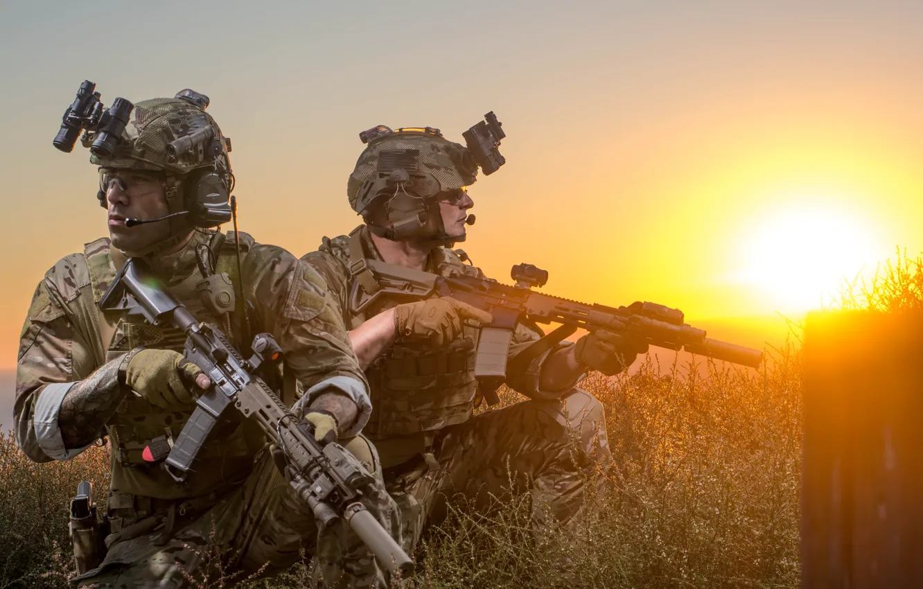 Photo wallpaper sunset, army, soldiers