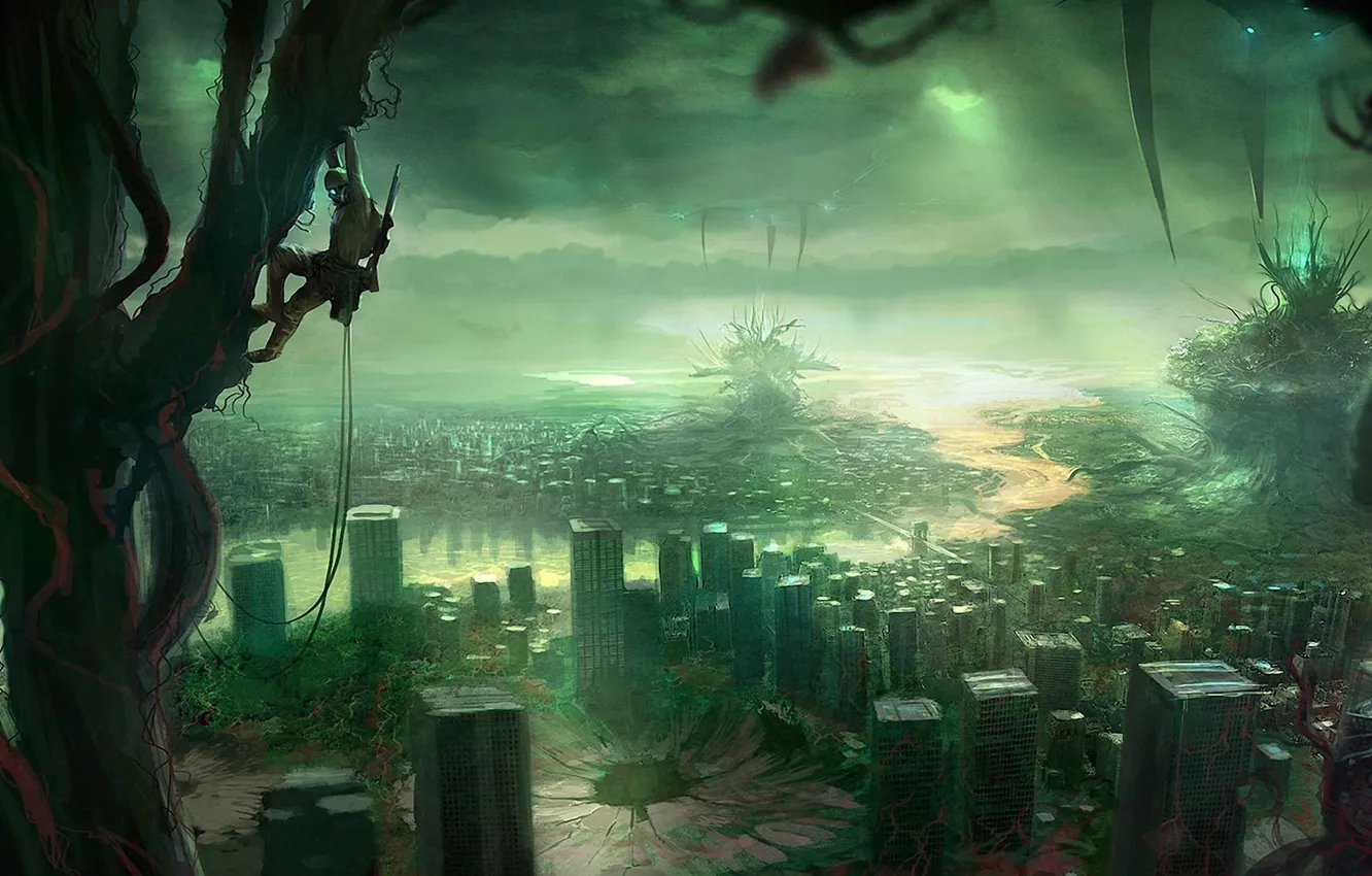 Photo wallpaper trees, the city, people, monster, spider, art, ruins, fantasy world