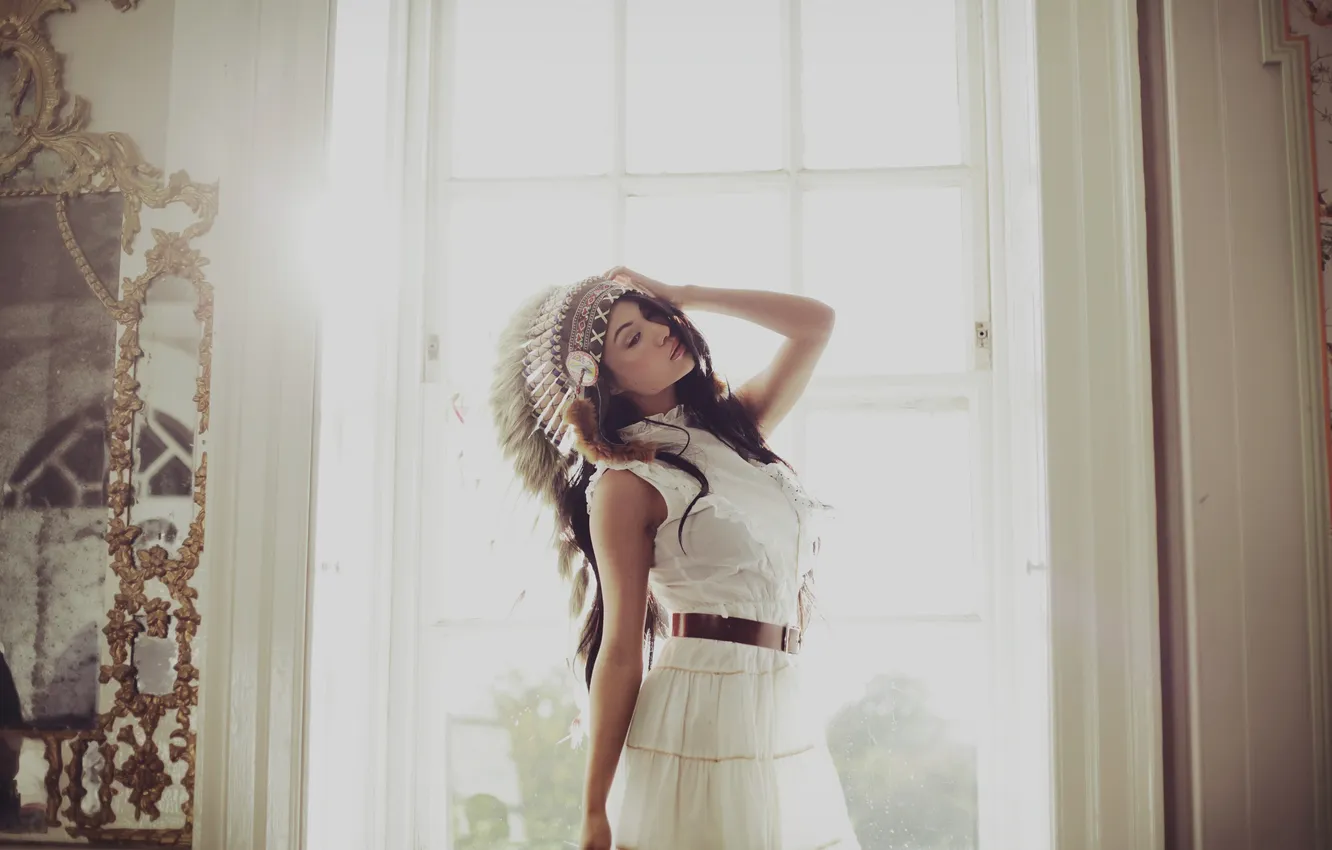 Photo wallpaper girl, dress, brunette, window, fur, strap