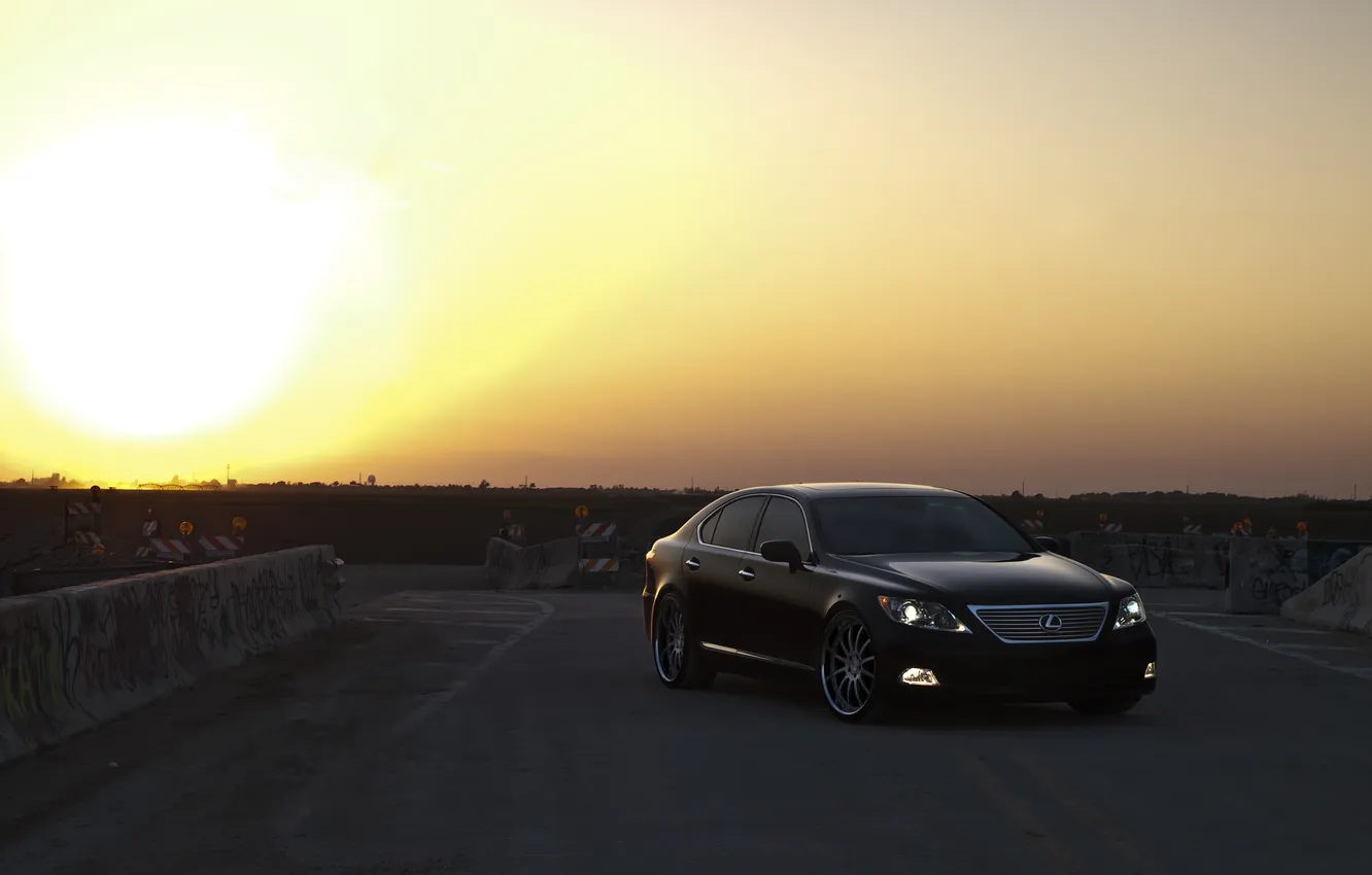 Photo wallpaper road, the sky, the sun, sunset, black, Lexus, black, Lexus