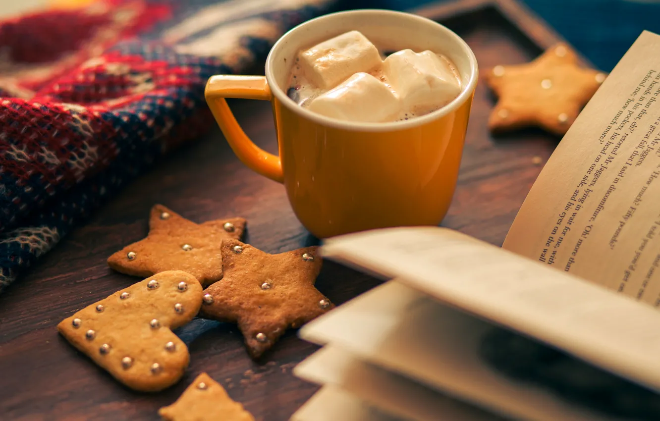 Photo wallpaper winter, stars, holiday, heart, food, cookies, Cup, book