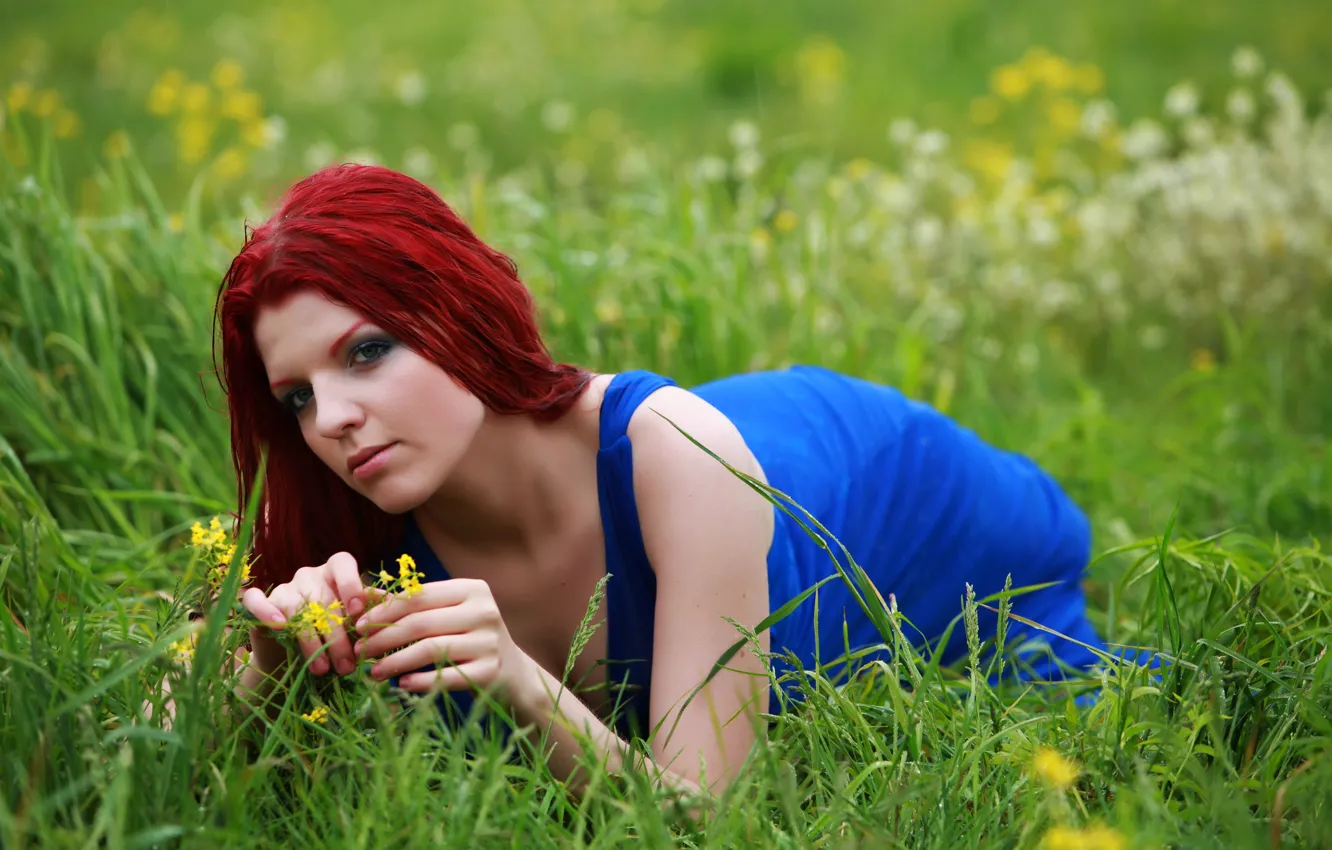 Photo wallpaper grass, girl, red, blue dress, wild flower