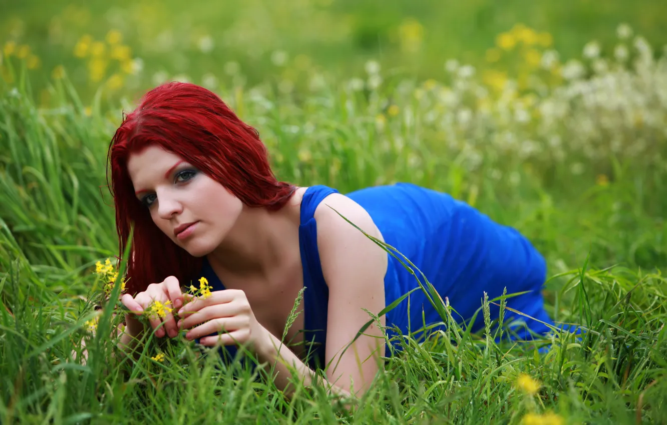 Photo wallpaper grass, Girl, red, blue dress, wild flower