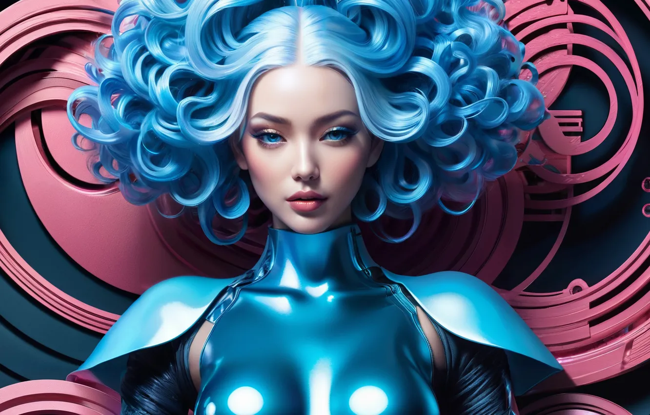 Photo wallpaper look, girl, curls, blue hair