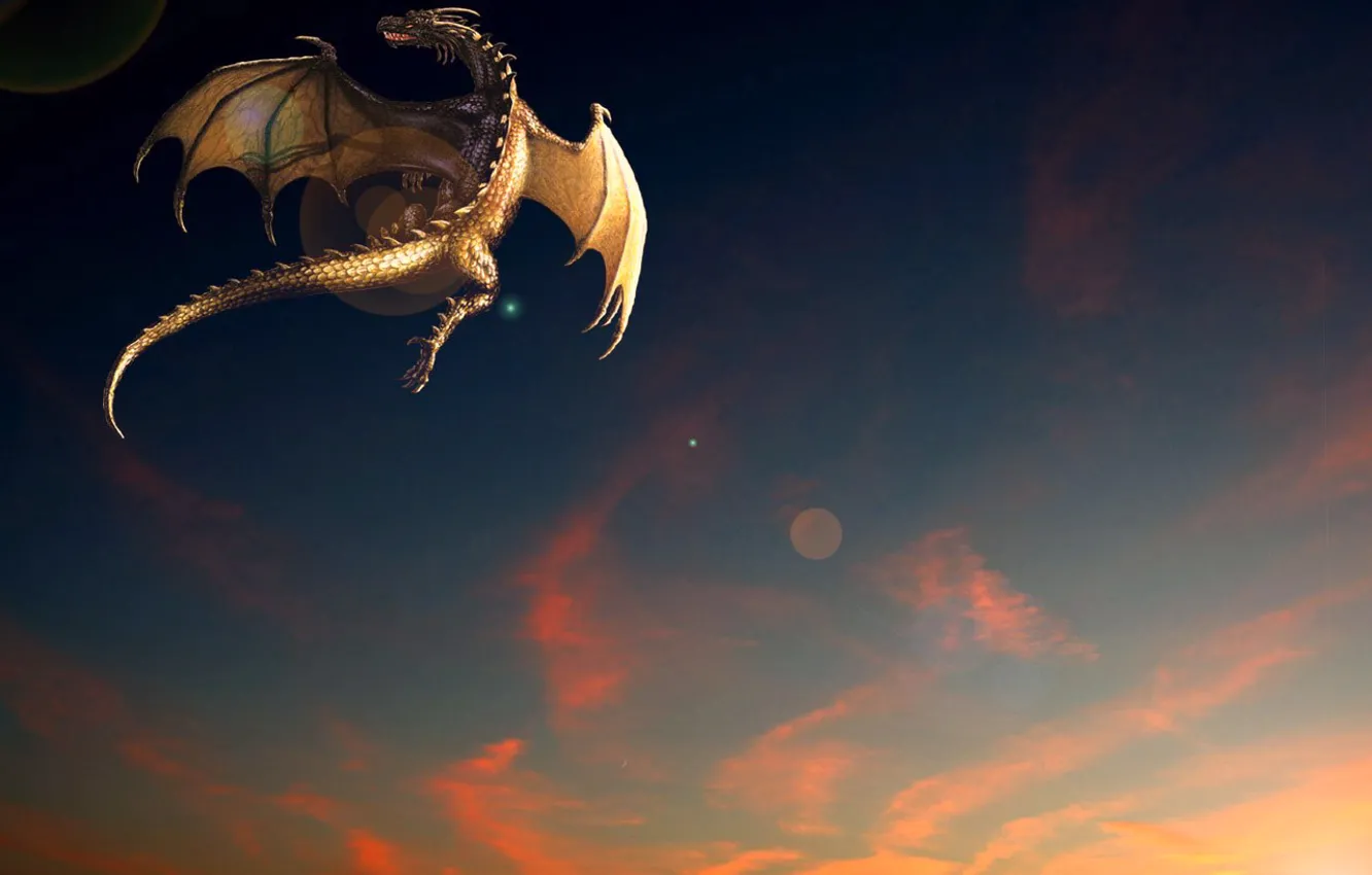 Photo wallpaper sunset, fantasy, dragon, flight