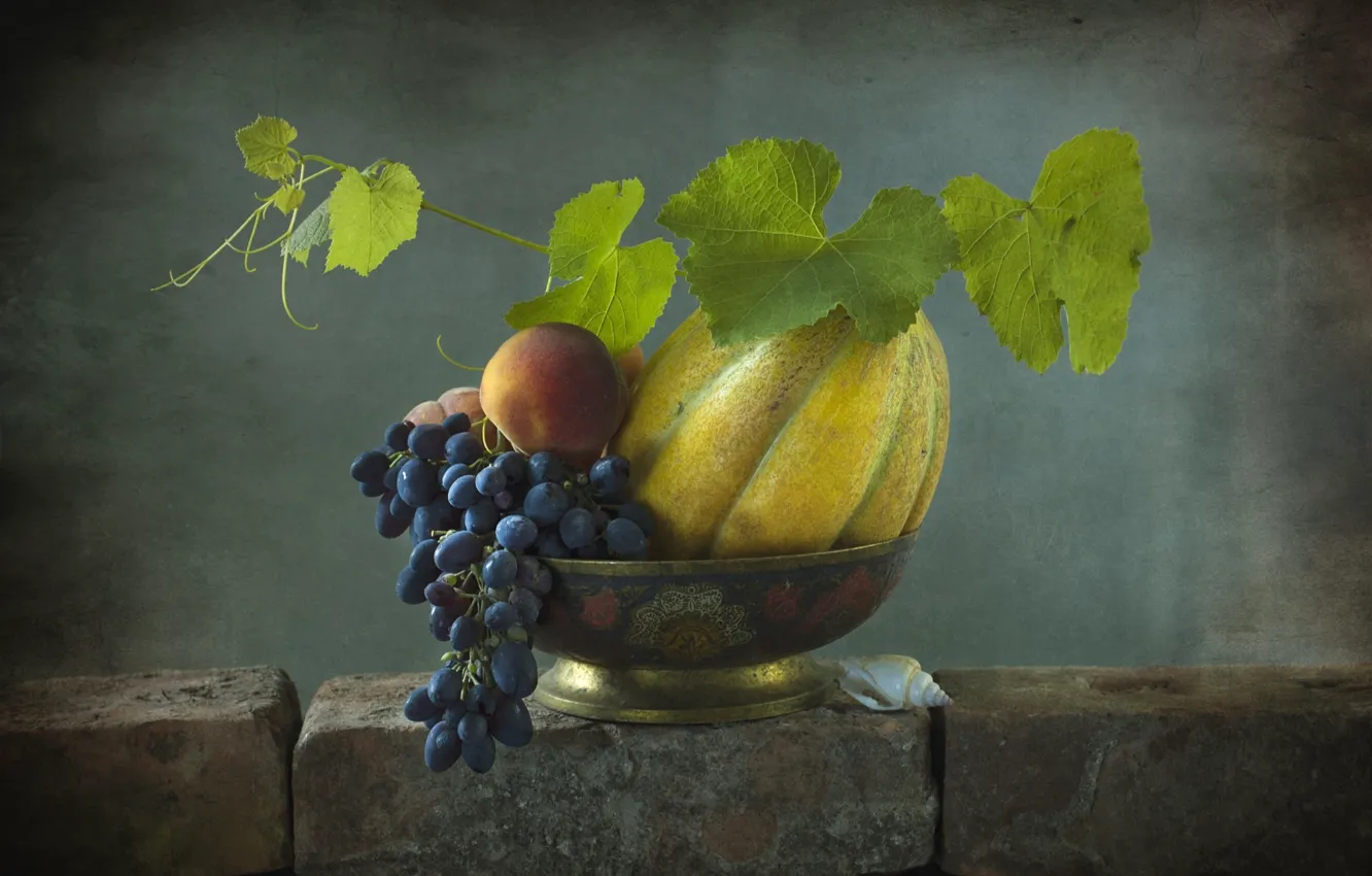 Photo wallpaper shell, grapes, fruit, peach, melon