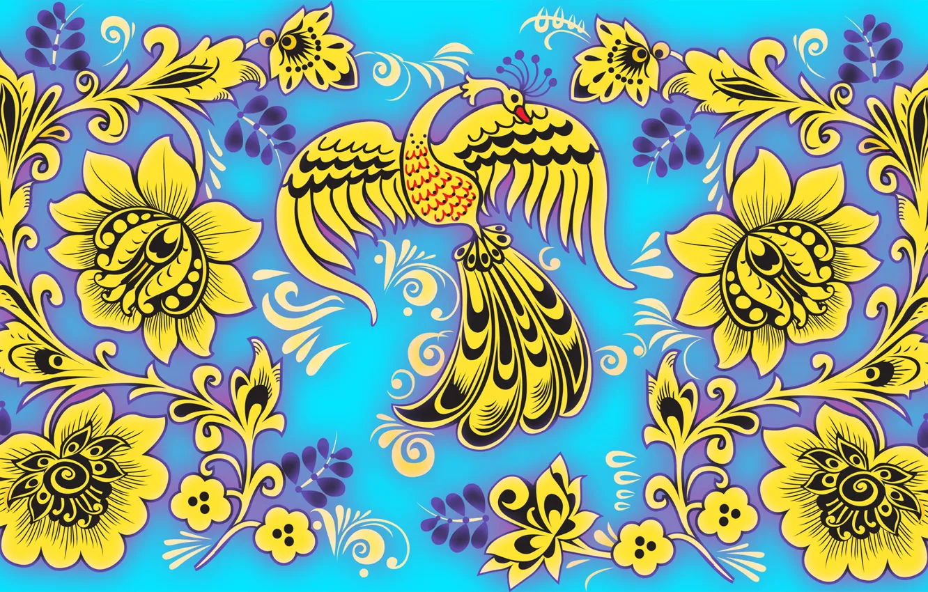 Photo wallpaper leaves, flowers, blue, bird, pattern, Russia, Khokhloma, Firebird