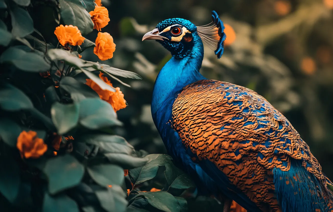 Photo wallpaper look, flowers, nature, bird, peacock, the bushes, AI art, neural network