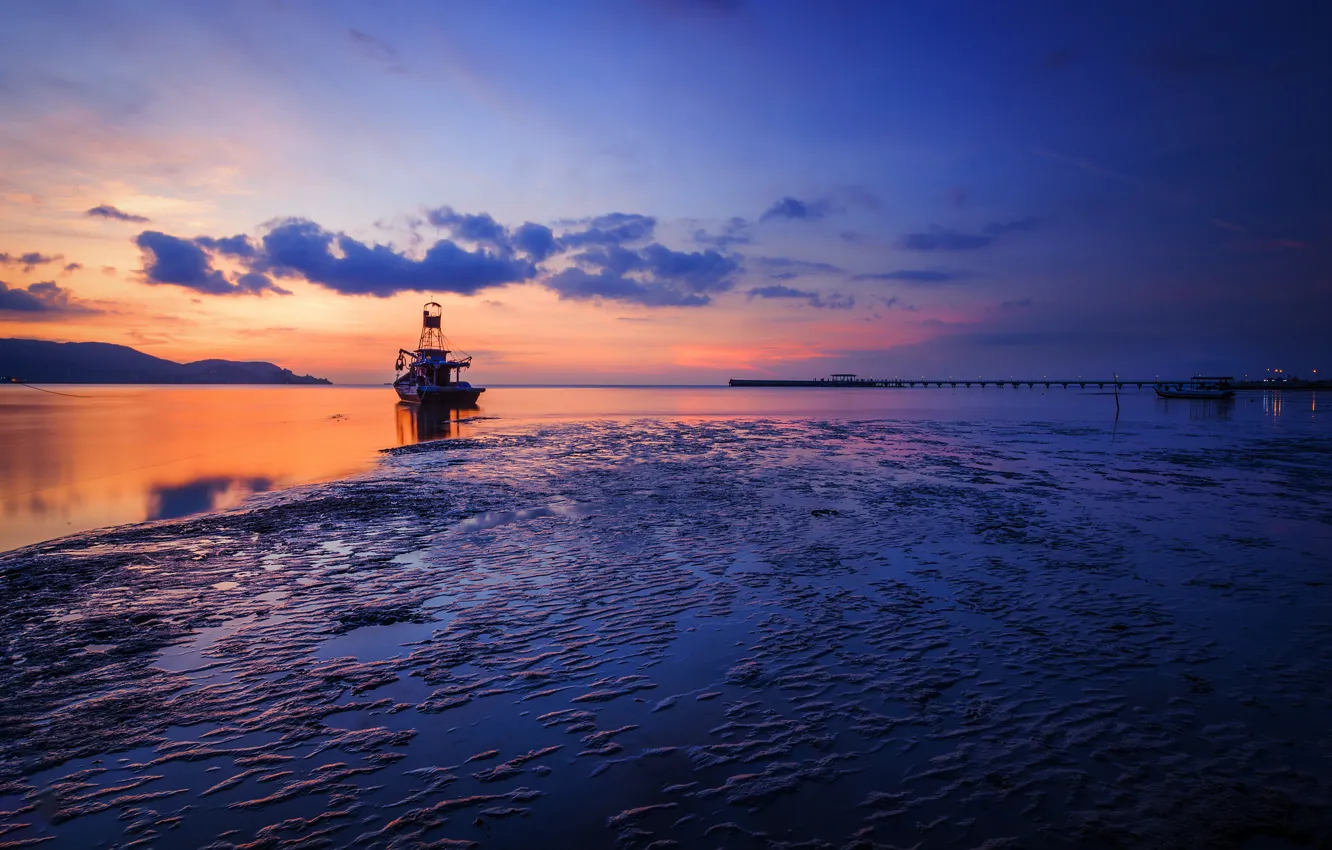 Photo wallpaper sea, the sky, clouds, sunset, lights, ship, tide, boat