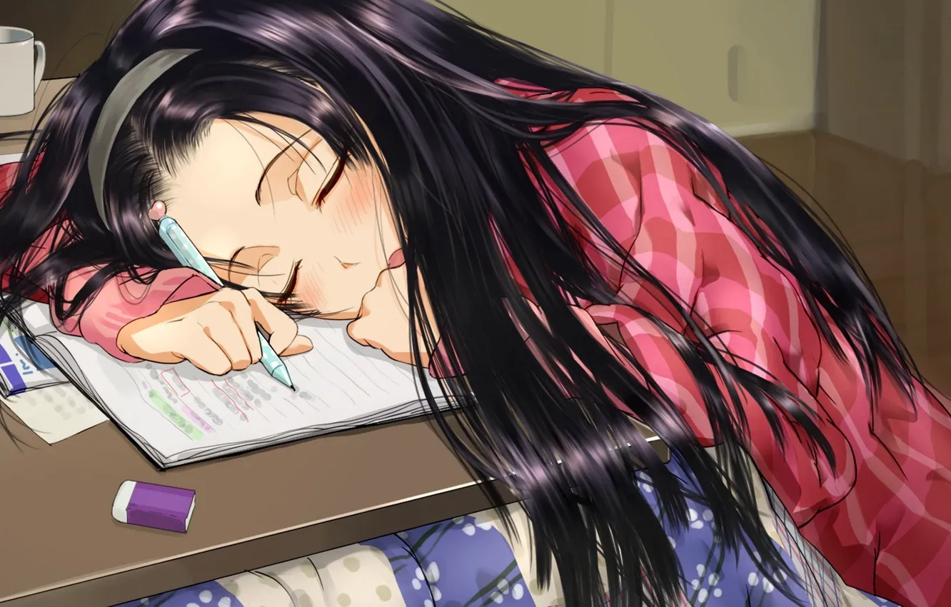 Photo wallpaper notebook, long hair, Bathrobe, kotatsu, eraser, at the table, sleeping girl