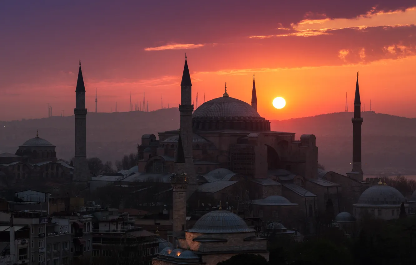 Photo wallpaper sunset, the dome, Istanbul, Turkey, exterior, Islam, Hagia Sophia