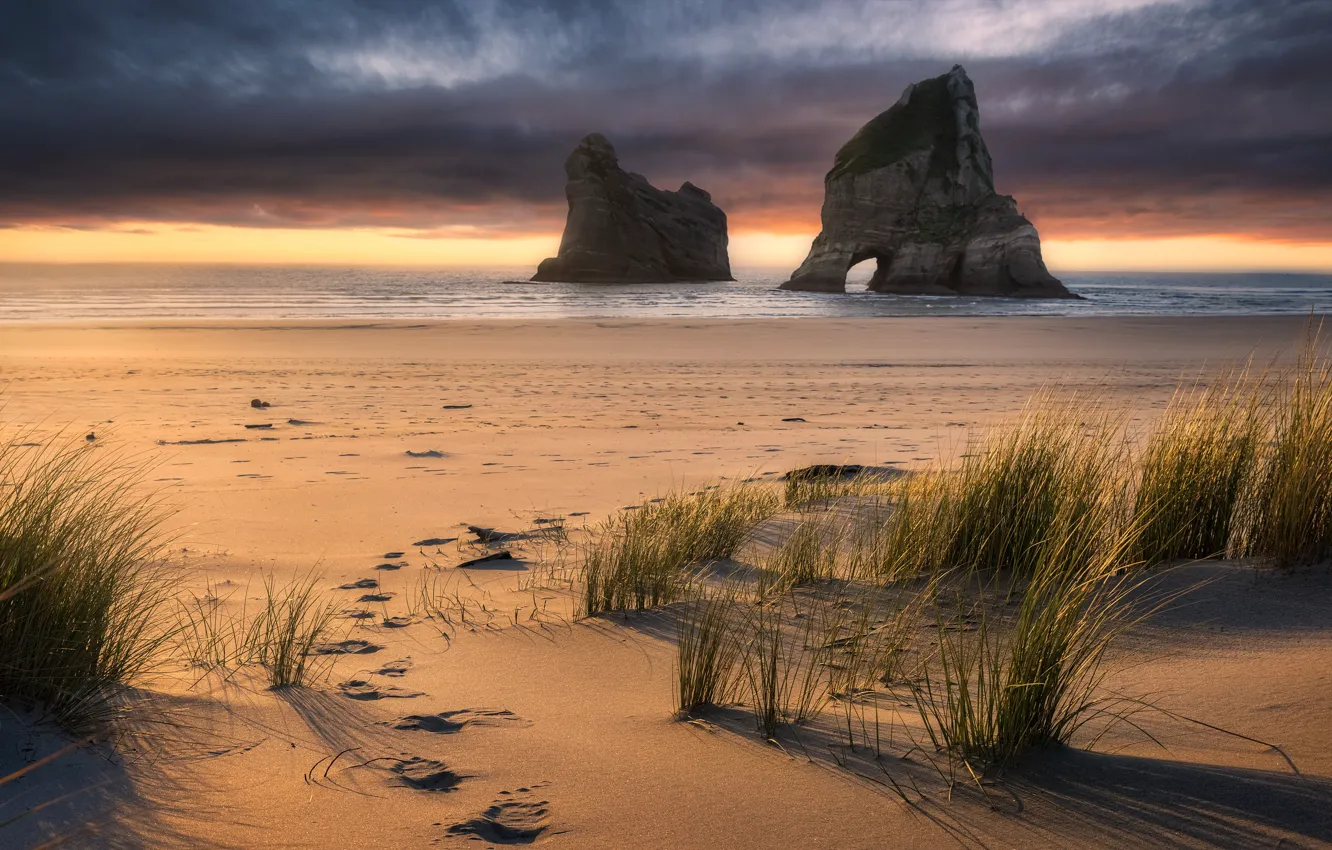 Photo wallpaper New Zealand, sunset, Wharariki Beach