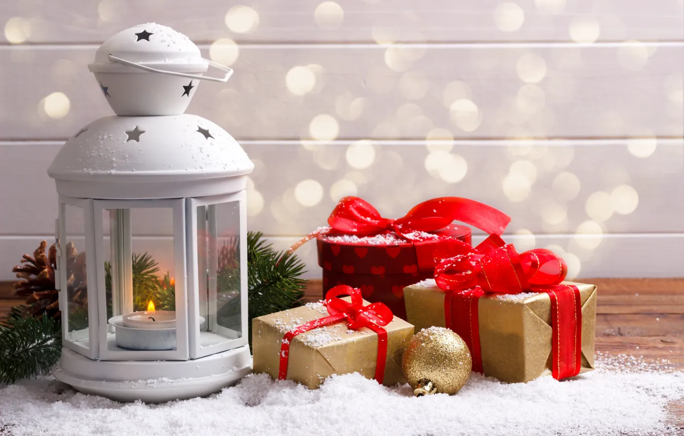 Photo wallpaper winter, snow, decoration, New Year, Christmas, lantern, gifts, Christmas
