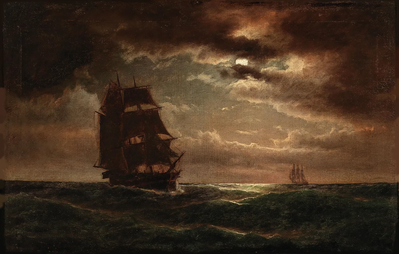 Photo wallpaper sea, wave, clouds, night, ship, picture, sailing, Anton Melbye