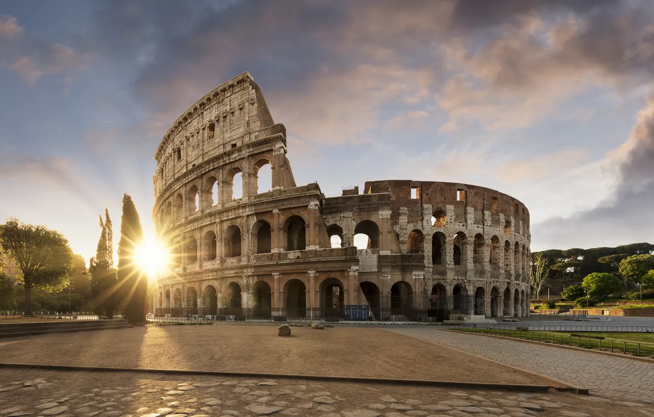 Photo wallpaper the sky, the sun, clouds, trees, landscape, sunset, city, the city