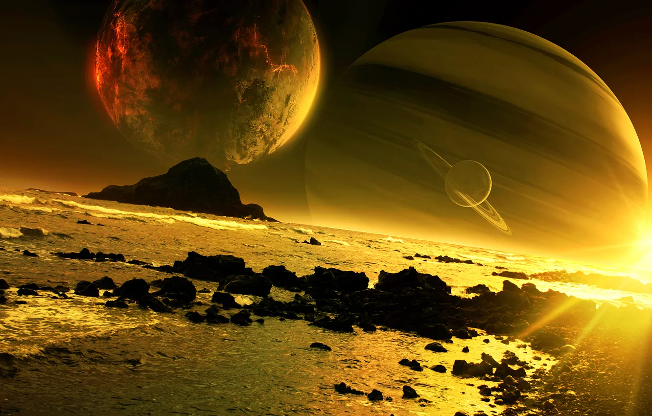 Photo wallpaper sea, sunset, rocks, planet, satellite, art, QAuZ