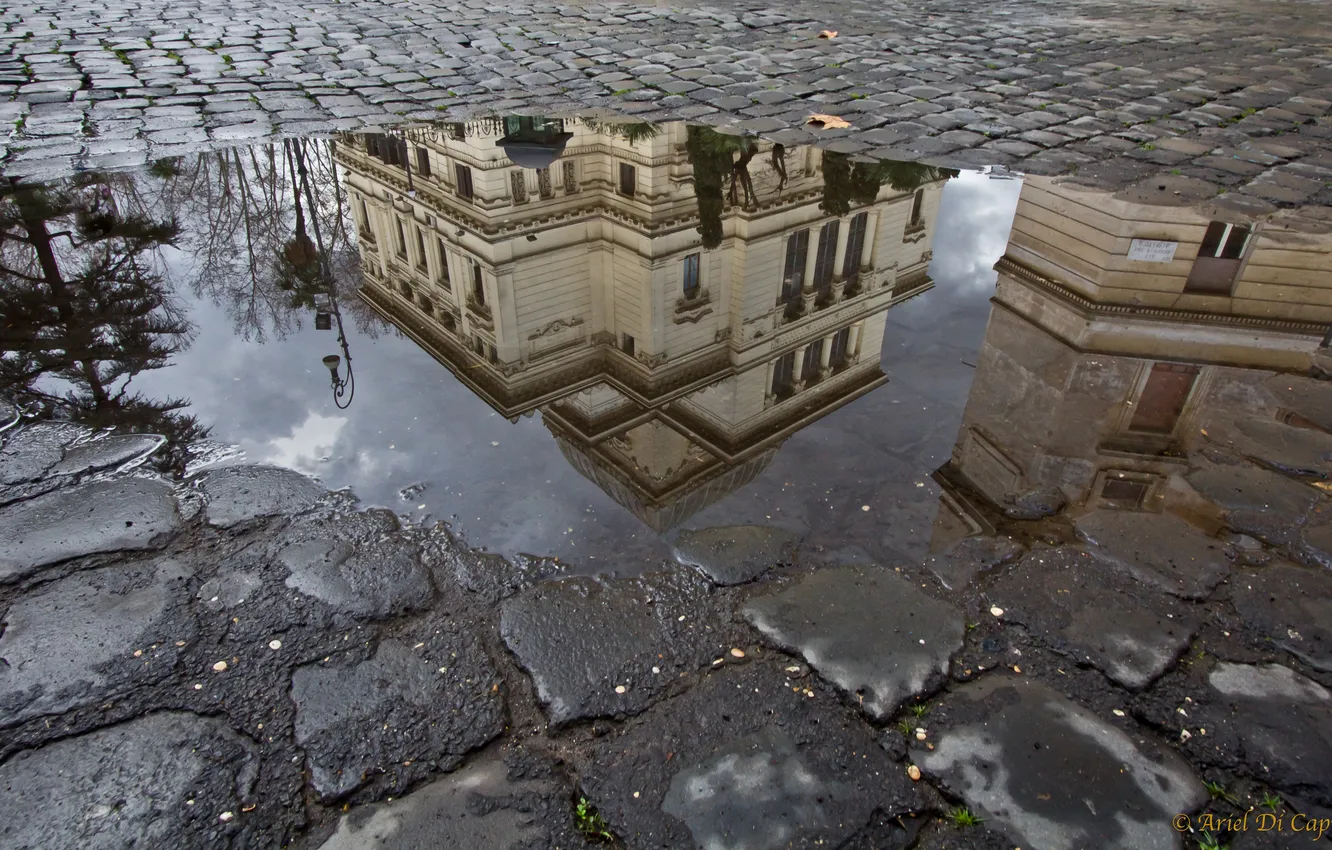 Photo wallpaper asphalt, water, the city, reflection, the building, puddle, lantern