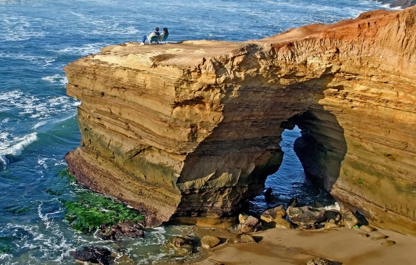 Photo wallpaper sea, the ocean, rocks, woman, view, pair, surf, arch