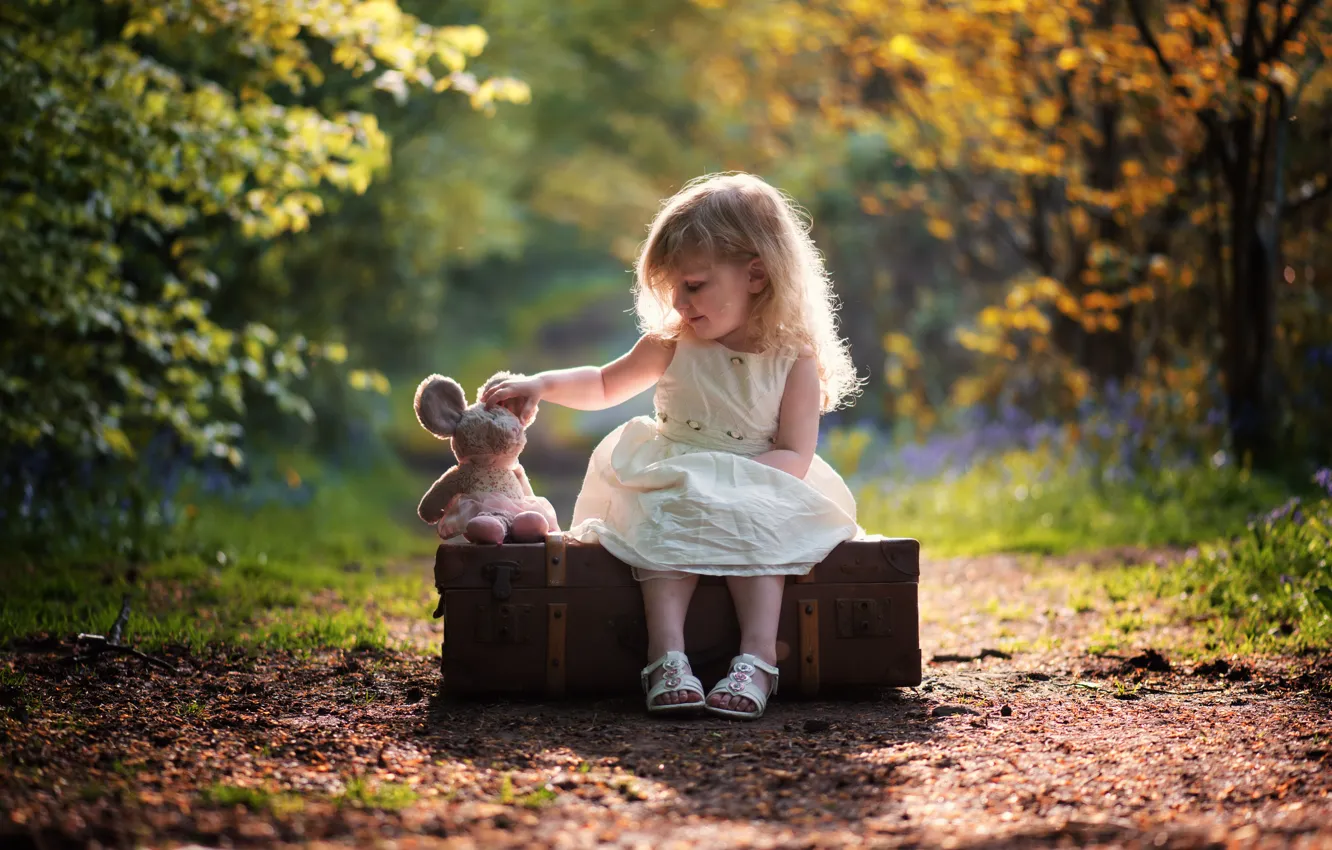 Photo wallpaper nature, mood, toy, girl, suitcase