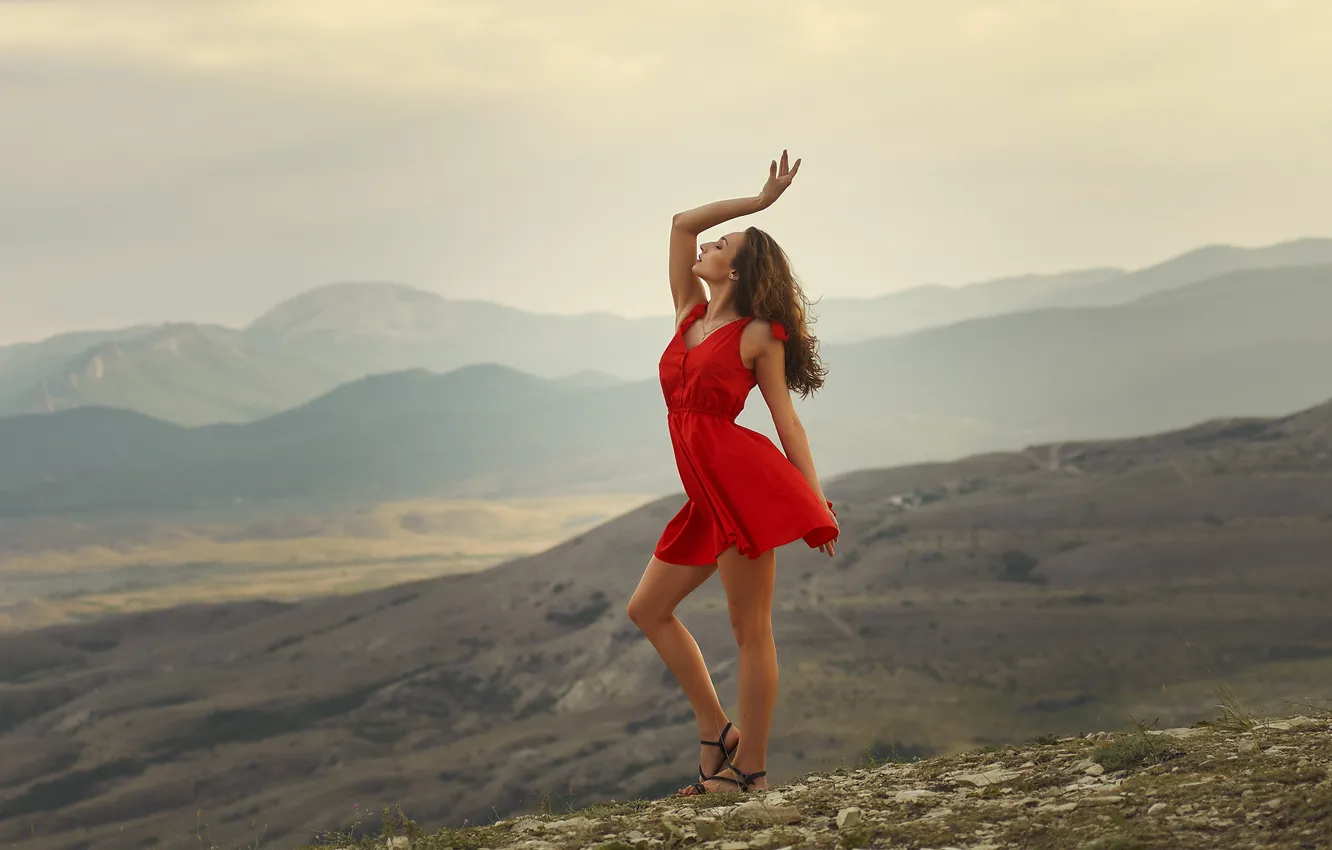 Photo wallpaper girl, mountains, pose, the wind, red, hair, figure, dress