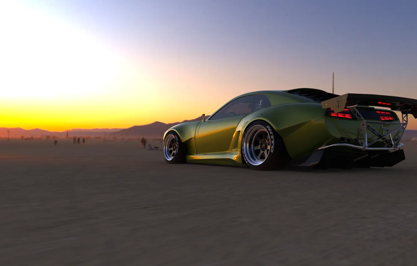 Photo wallpaper machine, sunset, green, rendering, the evening, Dodge Challenger, Pontiac, Firebird