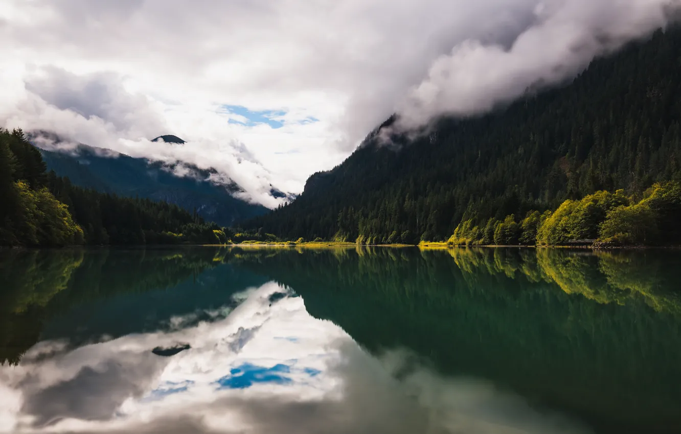 Photo wallpaper forest, summer, the sky, clouds, mountains, fog, lake, reflection