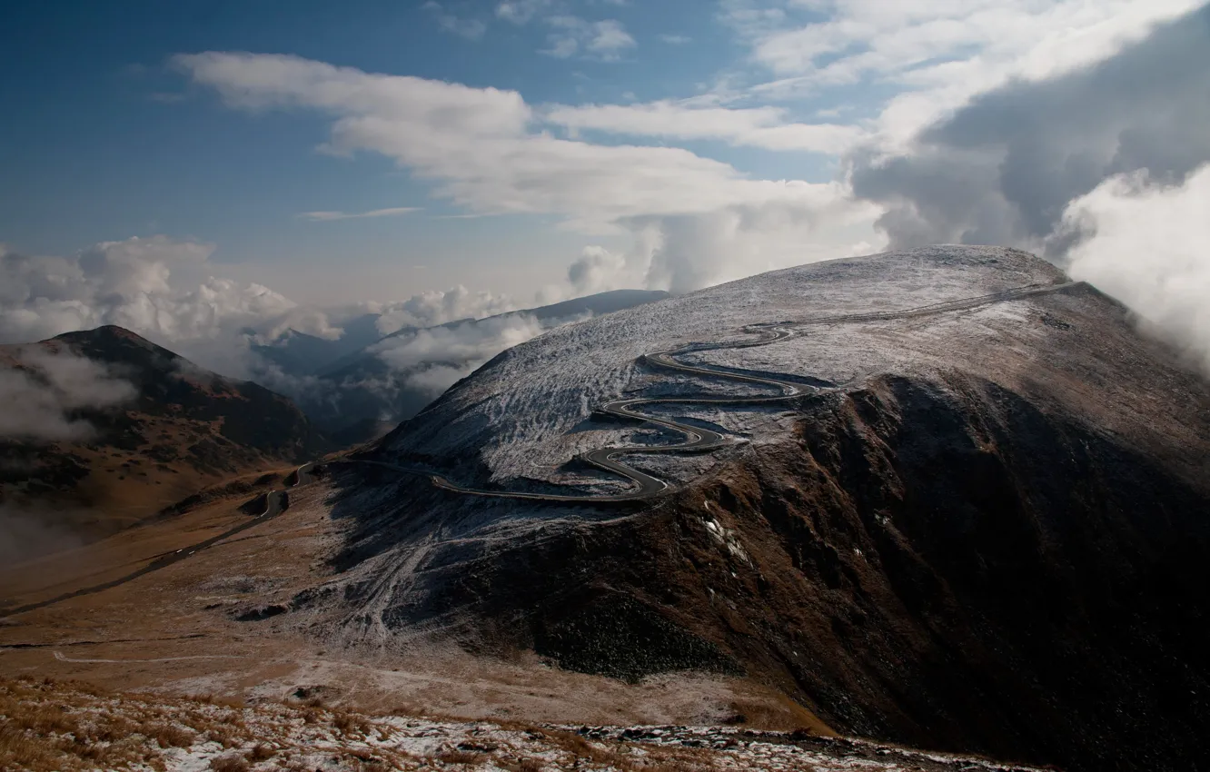 Photo wallpaper road, the sky, clouds, mountains, height, dal, slope, haze
