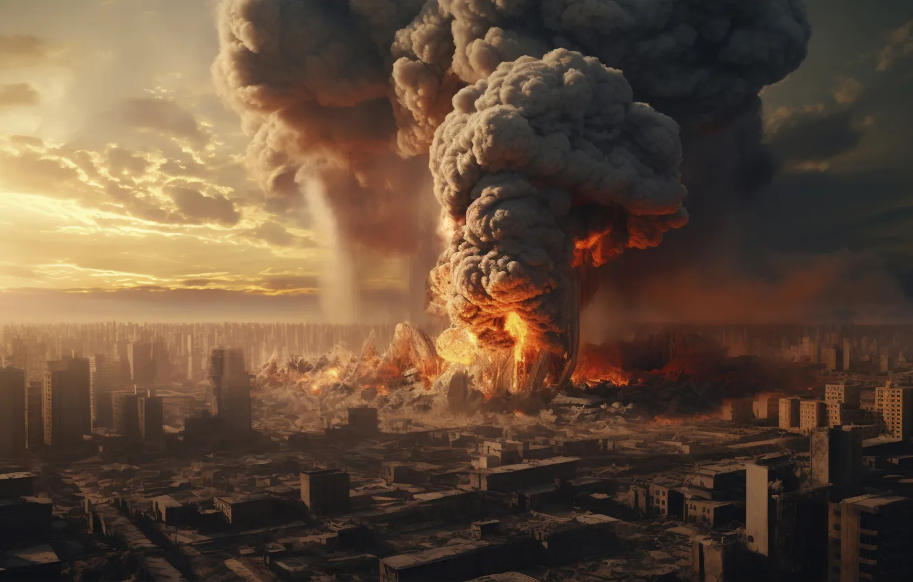 Photo wallpaper clouds, the explosion, the city, lights, mushrooms, home, destruction, a nuclear explosion