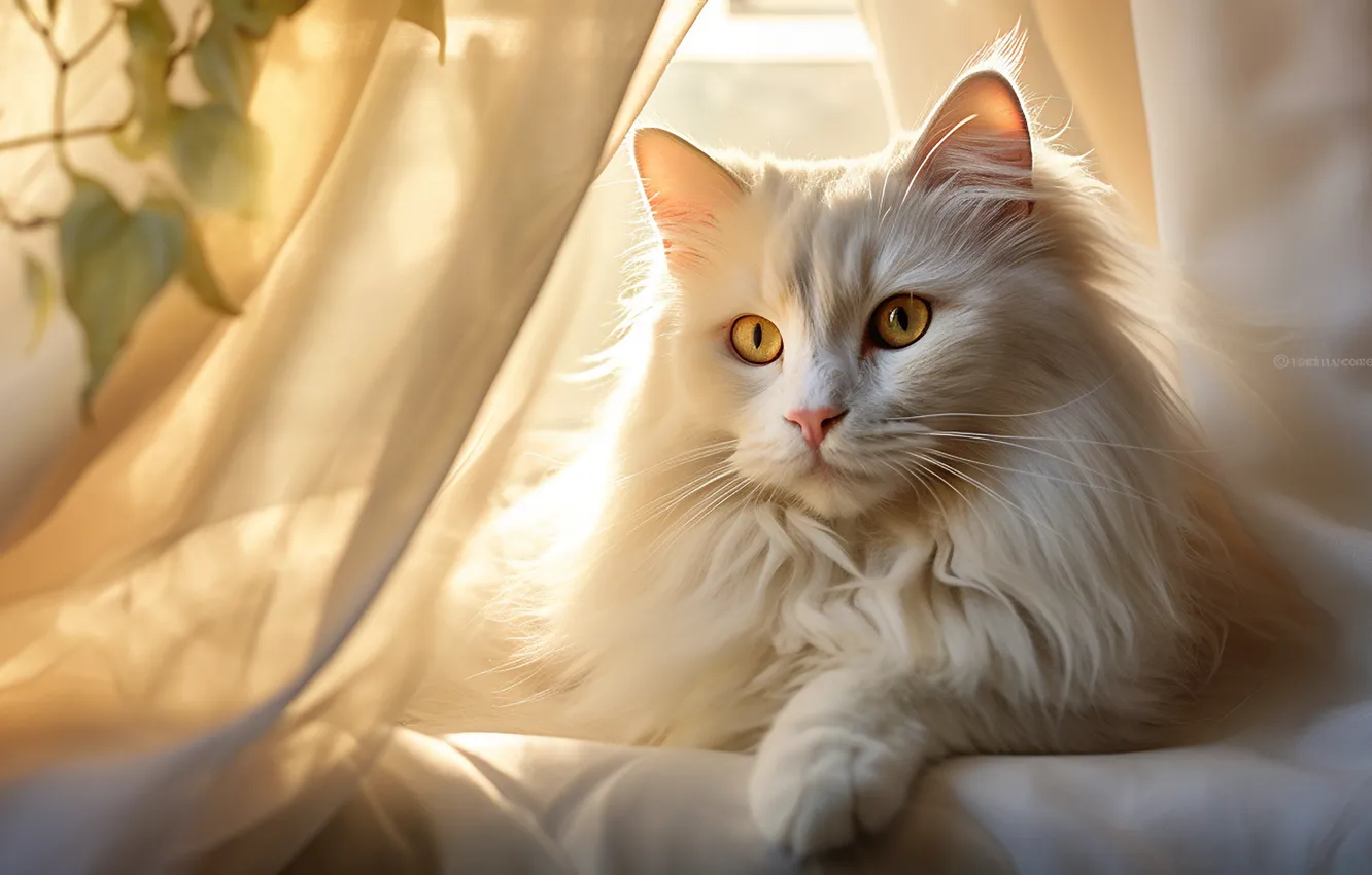 Photo wallpaper cat, white, cat, look, light, pose, fabric, face