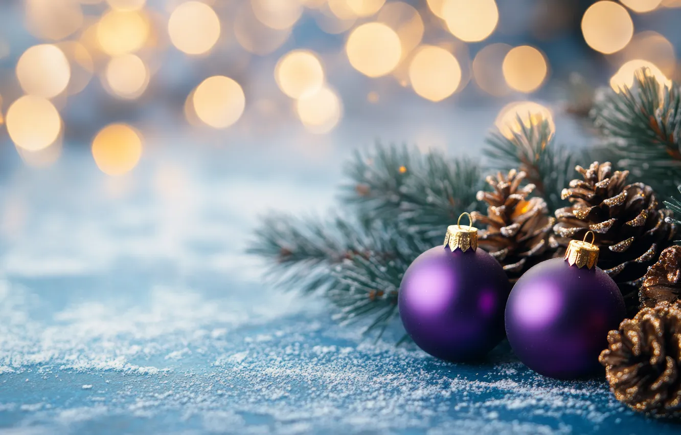 Photo wallpaper purple, balls, branches, lights, new year, Christmas, needles, bumps