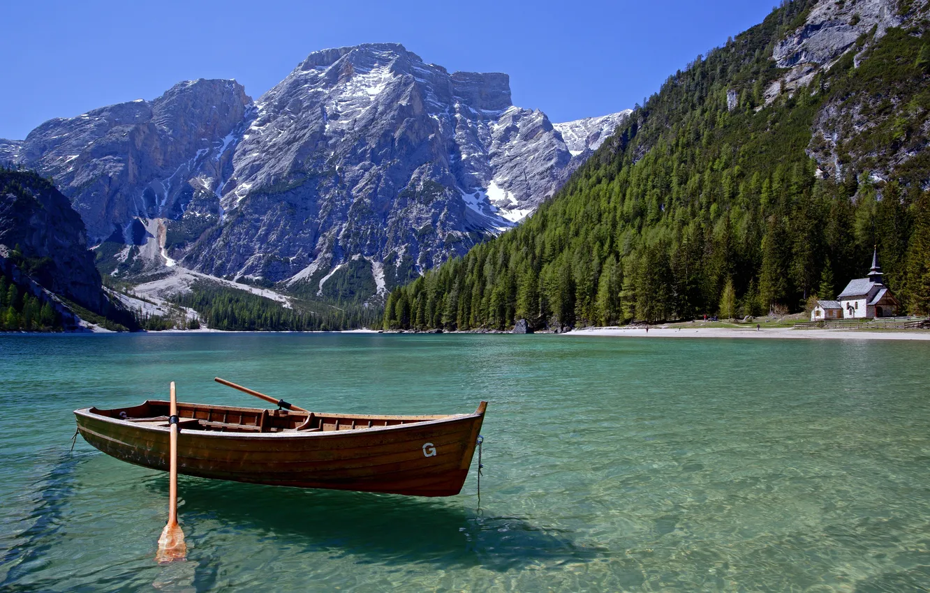 Photo wallpaper forest, the sky, landscape, mountains, nature, lake, boat, forest