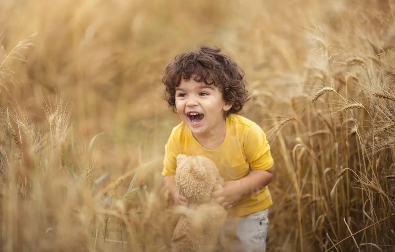 Photo wallpaper field, toy, laughter, boy, curly