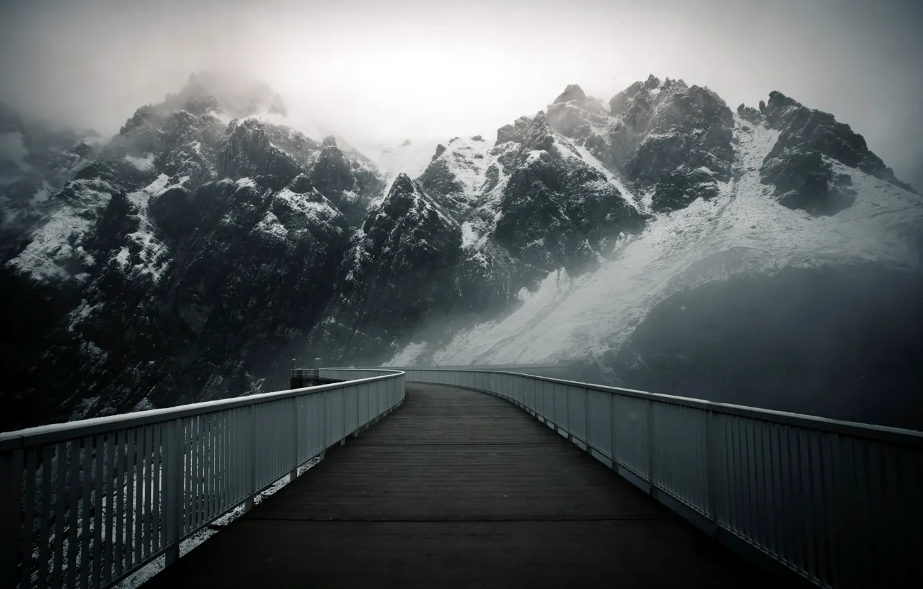 Photo wallpaper mountains, bridge, fog