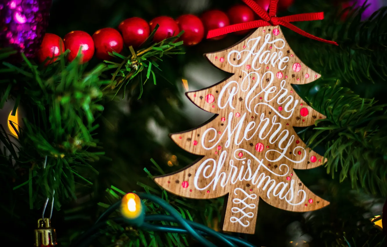 Photo wallpaper branches, the inscription, toy, new year, Christmas, beads, wooden, garland