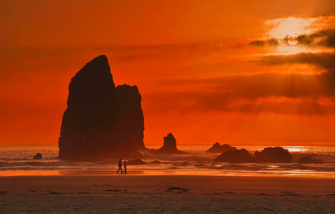 Photo wallpaper wave, beach, the sun, rocks, pair, orange sky