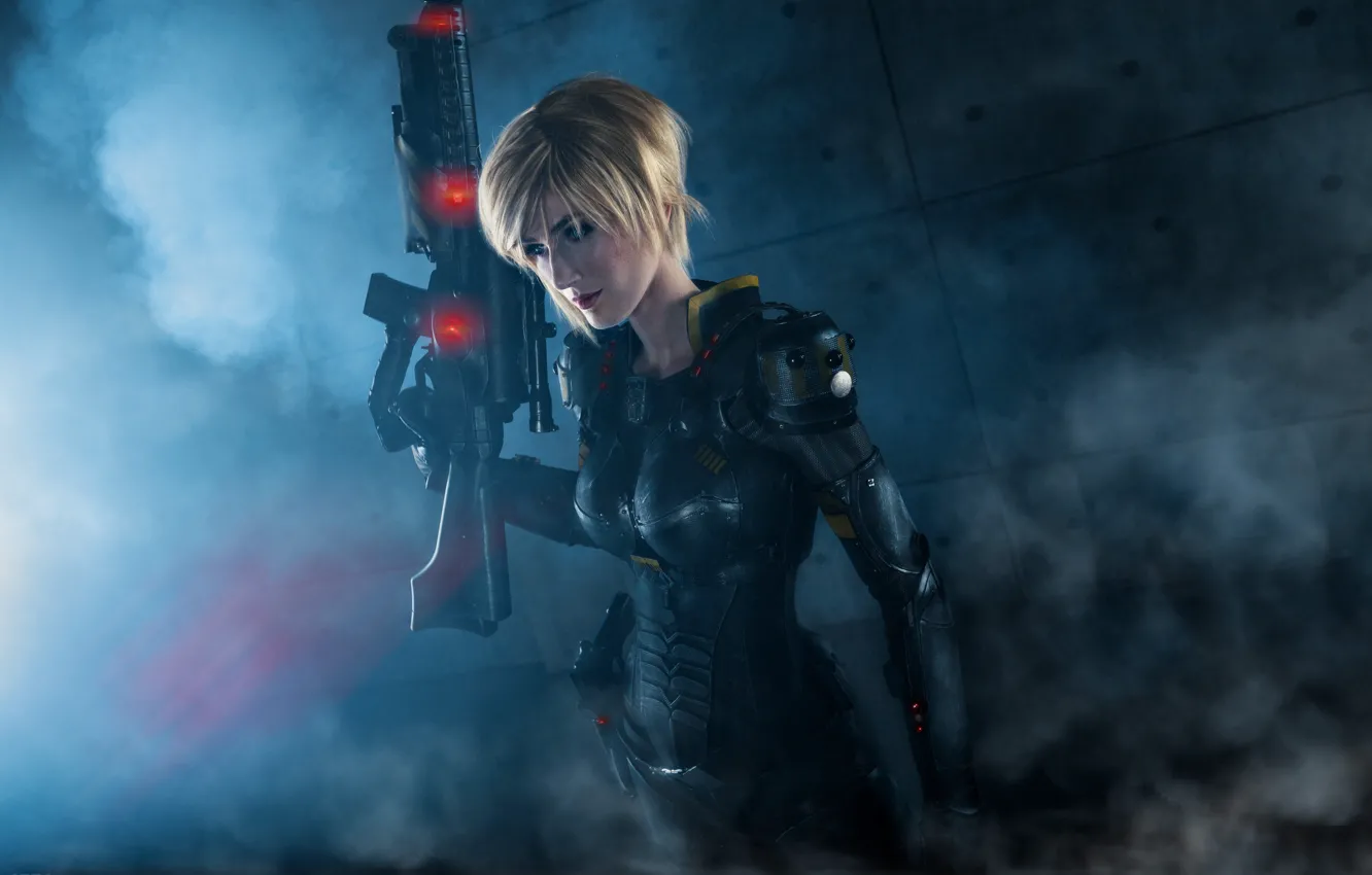 Photo wallpaper pistol, soldier, armor, bodysuit, smoke, military, weapon, big