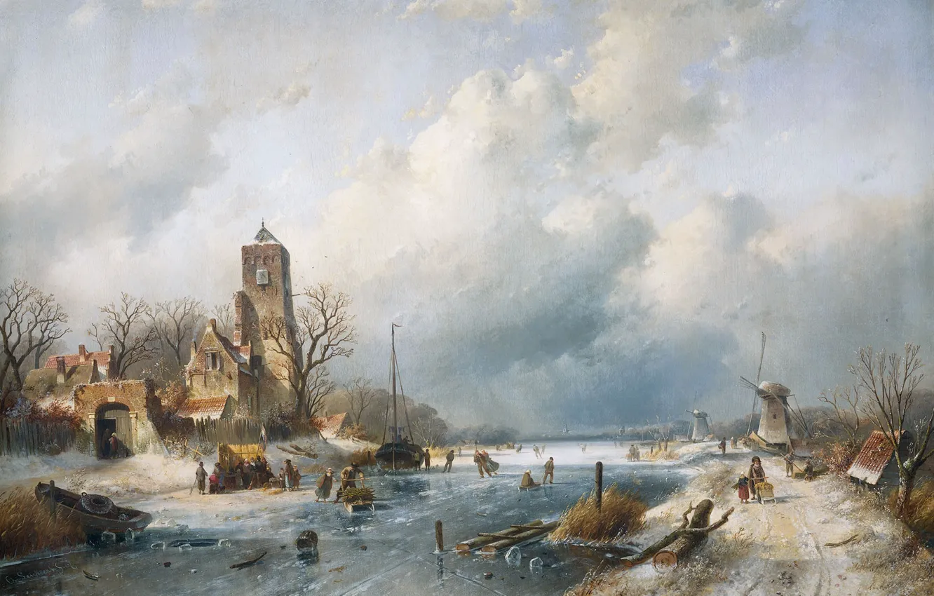 Photo wallpaper winter, landscape, oil, tower, home, picture, channel, windmill