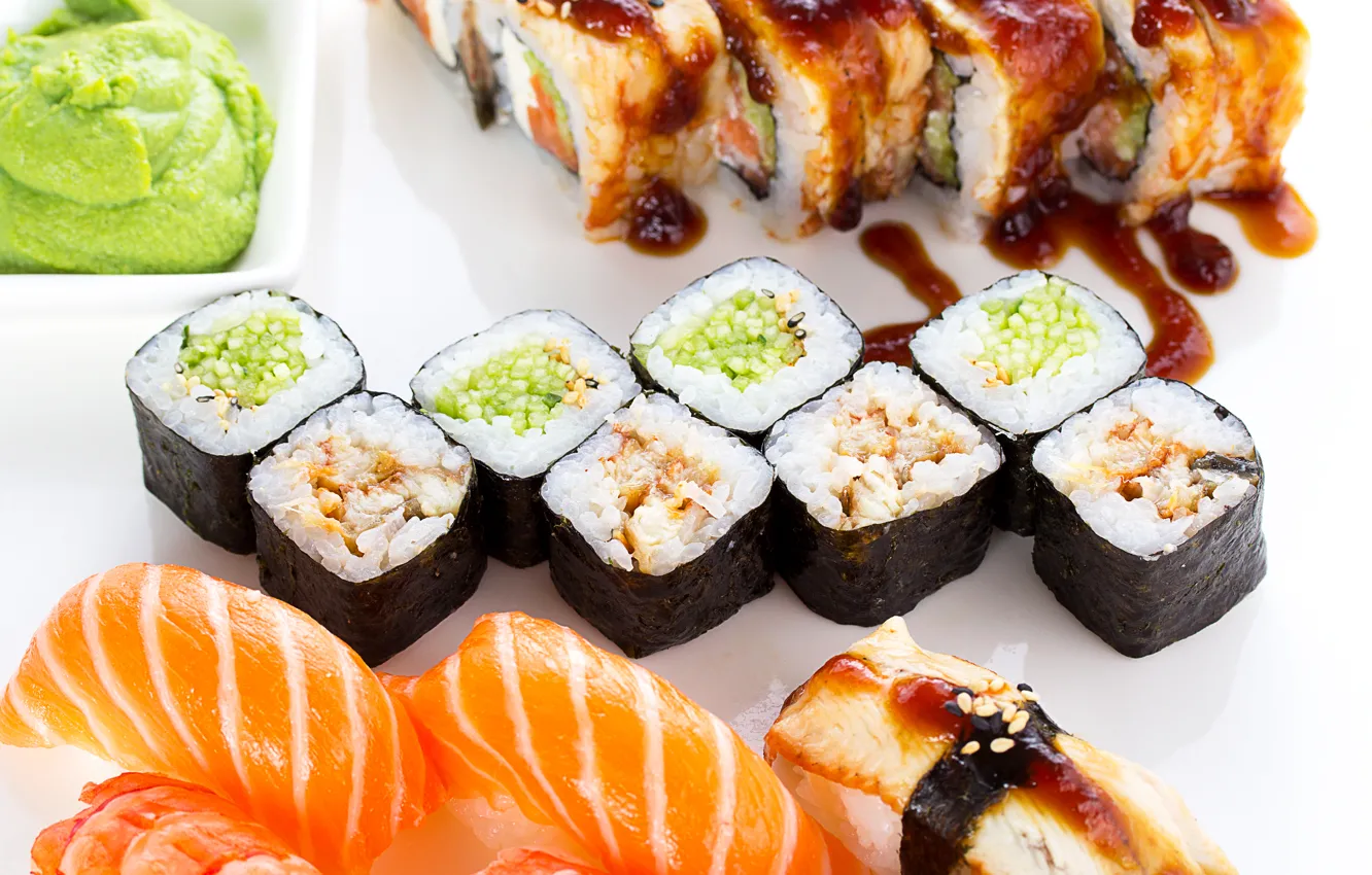 Photo wallpaper fish, figure, rolls, sushi, sushi, fish, rolls, seafood