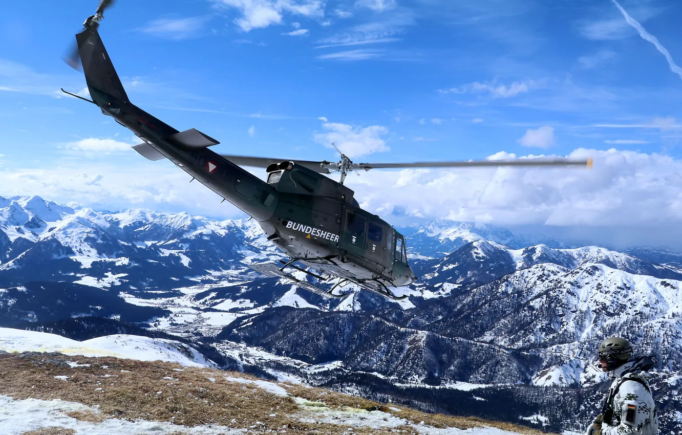 Photo wallpaper landscape, mountains, helicopter