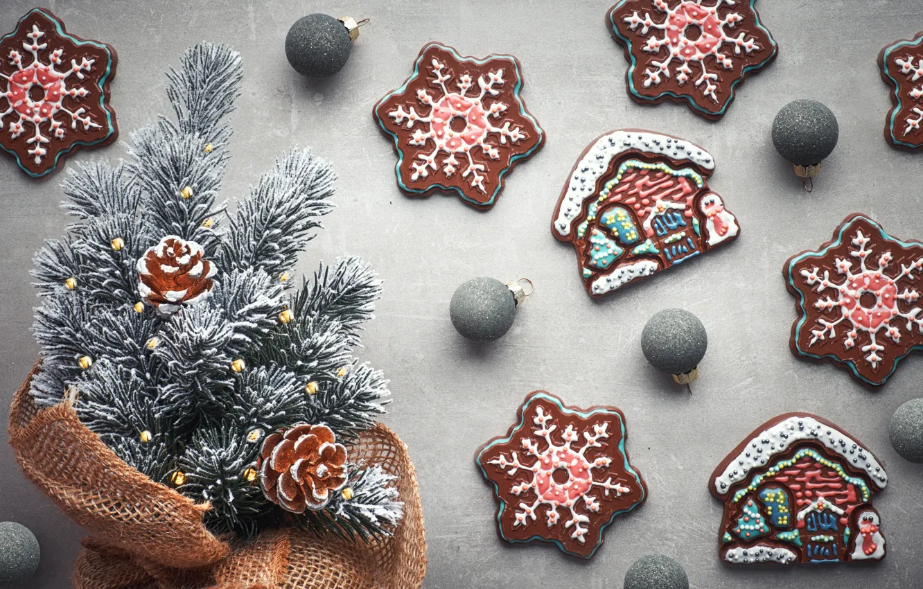 Photo wallpaper toys, Christmas, branch, gingerbread, Anya Ivanova